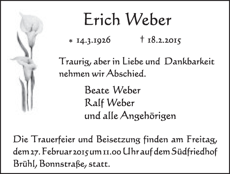  Traueranzeige für Erich Weber vom 25.02.2015 aus  Schlossbote/Werbekurier 