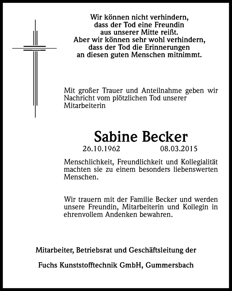  Traueranzeige für Sabine Becker vom 14.03.2015 aus Kölner Stadt-Anzeiger / Kölnische Rundschau / Express