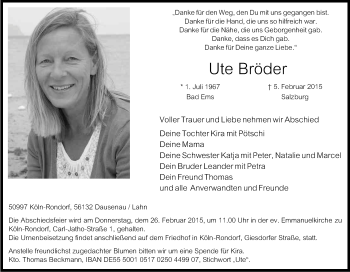 Anzeige von Ute Bröder von Kölner Stadt-Anzeiger / Kölnische Rundschau / Express