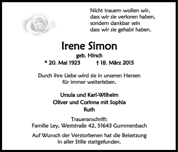 Anzeige von Irene Simon von Kölner Stadt-Anzeiger / Kölnische Rundschau / Express