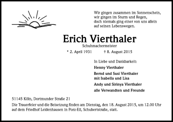 Anzeige von Erich Vierthaler von Kölner Stadt-Anzeiger / Kölnische Rundschau / Express