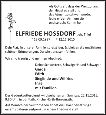 Anzeige von Elfriede Hossdorf von  Wochenende 