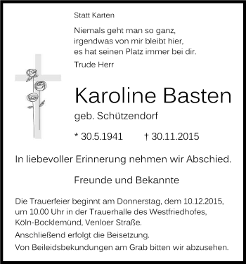 Anzeige von Karoline Basten von Kölner Stadt-Anzeiger / Kölnische Rundschau / Express