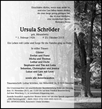 Anzeige von Ursula Schröder von Kölner Stadt-Anzeiger / Kölnische Rundschau / Express