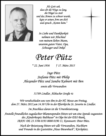 Anzeige von Peter Pütz von Kölner Stadt-Anzeiger / Kölnische Rundschau / Express