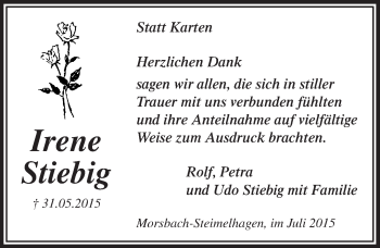 Anzeige von Irene Stiebig von  Lokalanzeiger 