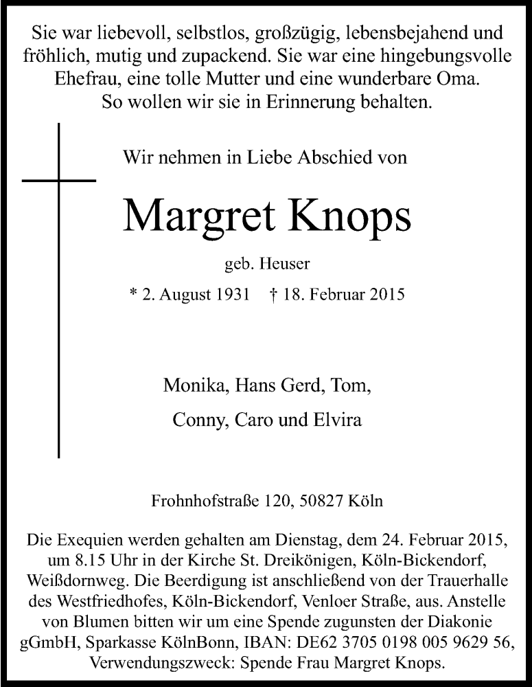  Traueranzeige für Margret Knops vom 21.02.2015 aus Kölner Stadt-Anzeiger / Kölnische Rundschau / Express