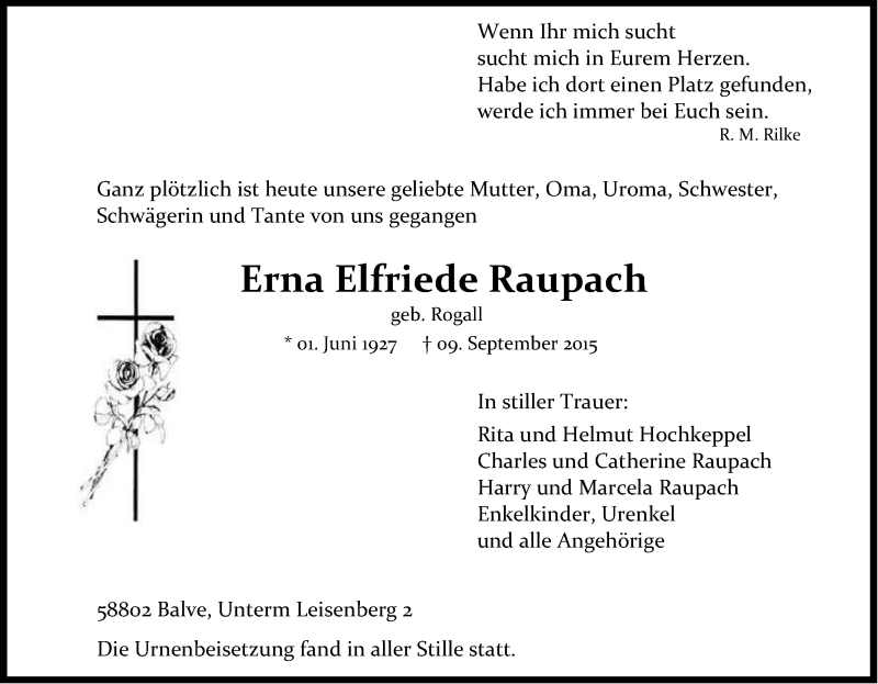  Traueranzeige für Erna Elfriede Raupach vom 23.09.2015 aus Kölner Stadt-Anzeiger / Kölnische Rundschau / Express