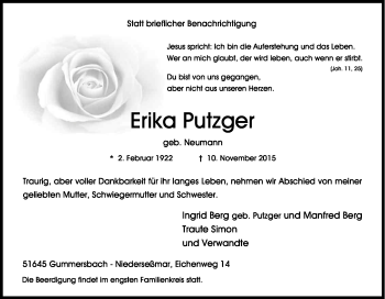Anzeige von Erika Putzger von Köln - Wir Trauern