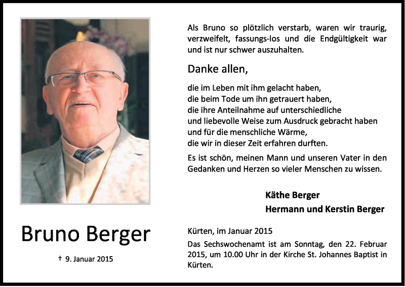  Traueranzeige für Bruno Berger vom 18.02.2015 aus Kölner Stadt-Anzeiger / Kölnische Rundschau / Express