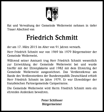 Anzeige von Friedrich Schmitt von Kölner Stadt-Anzeiger / Kölnische Rundschau / Express