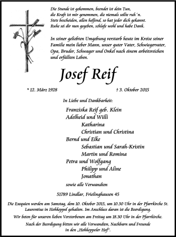 Anzeige von Josef Reif von Kölner Stadt-Anzeiger / Kölnische Rundschau / Express