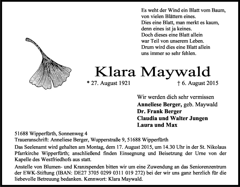  Traueranzeige für Klara Maywald vom 12.08.2015 aus Kölner Stadt-Anzeiger / Kölnische Rundschau / Express