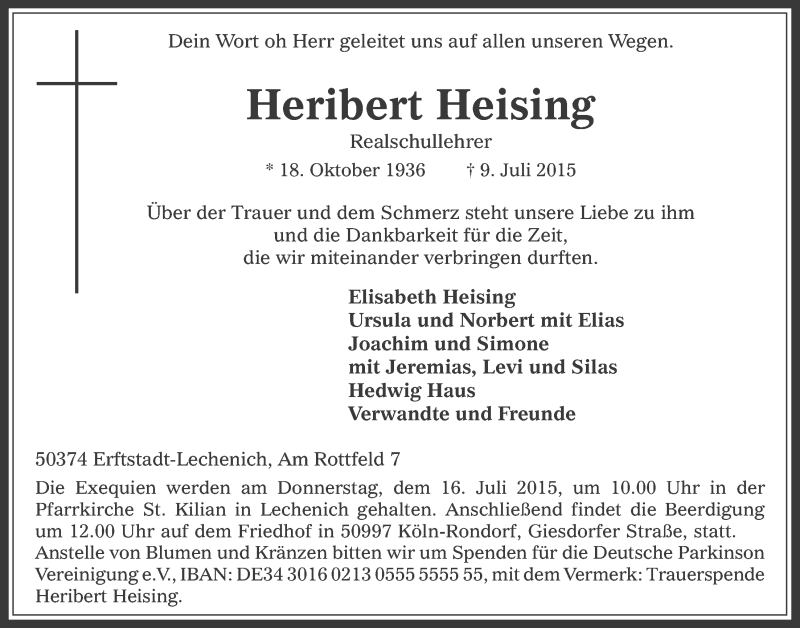  Traueranzeige für Heribert Heising vom 15.07.2015 aus  Werbepost 