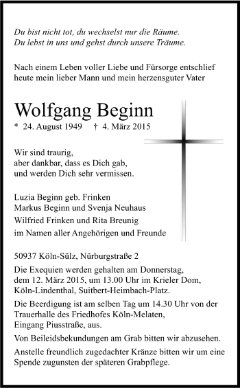 Anzeige von Wolfgang Beginn von Kölner Stadt-Anzeiger / Kölnische Rundschau / Express