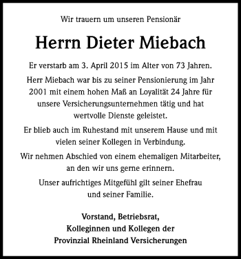 Anzeige von Dieter Miebach von Kölner Stadt-Anzeiger / Kölnische Rundschau / Express