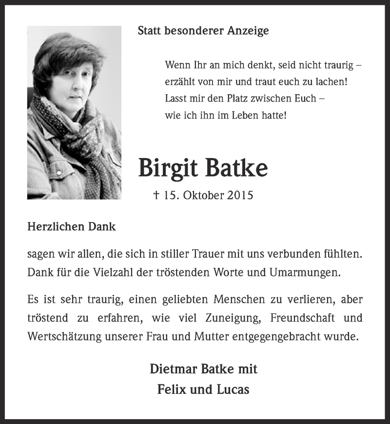  Traueranzeige für Birgit Batke vom 29.11.2015 aus  Blickpunkt Euskirchen 