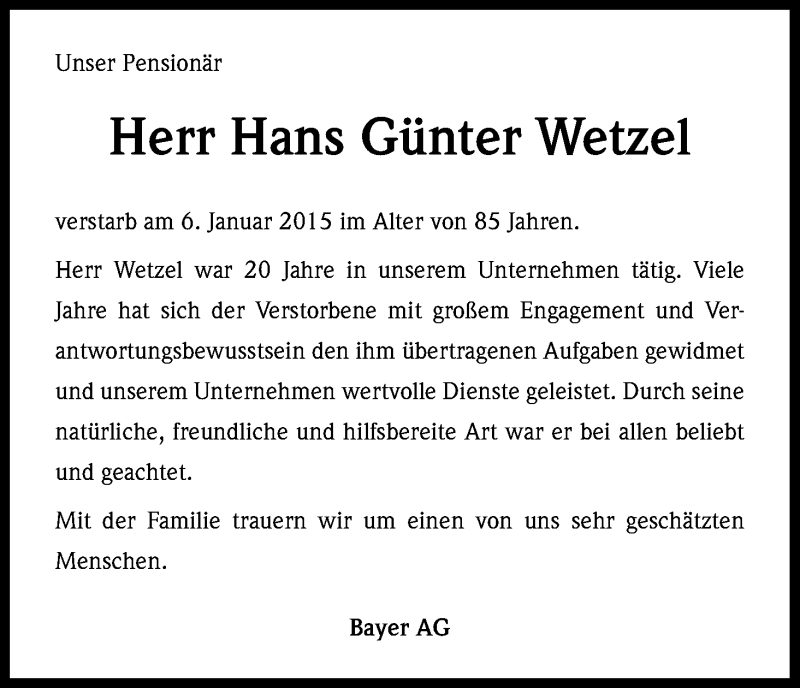 Traueranzeige für Hans Günter Wetzel vom 17.01.2015 aus Kölner Stadt-Anzeiger / Kölnische Rundschau / Express