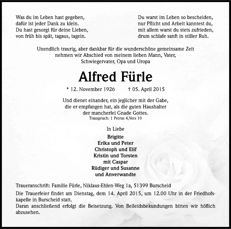  Traueranzeige für Alfred Fürle vom 11.04.2015 aus Kölner Stadt-Anzeiger / Kölnische Rundschau / Express