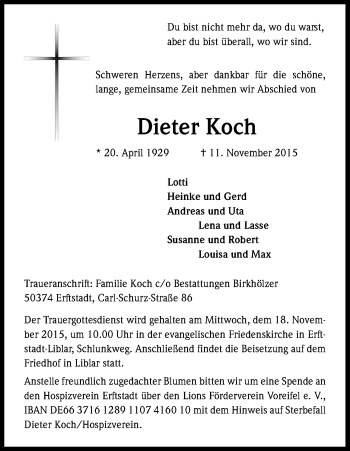Anzeige von Dieter Koch von Köln - Wir Trauern
