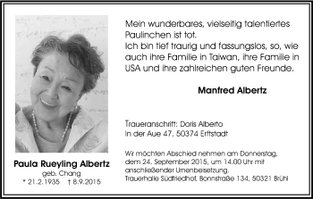 Anzeige von Paula Rueyling Albertz von Kölner Stadt-Anzeiger / Kölnische Rundschau / Express