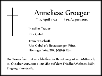 Anzeige von Anneliese Groeger von Kölner Stadt-Anzeiger / Kölnische Rundschau / Express