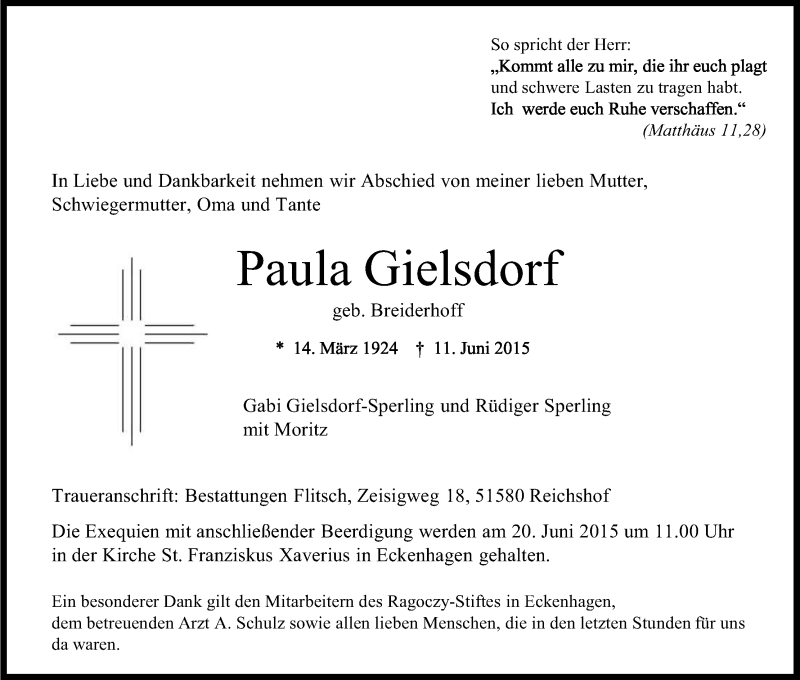  Traueranzeige für Paula Gielsdorf vom 16.06.2015 aus Kölner Stadt-Anzeiger / Kölnische Rundschau / Express