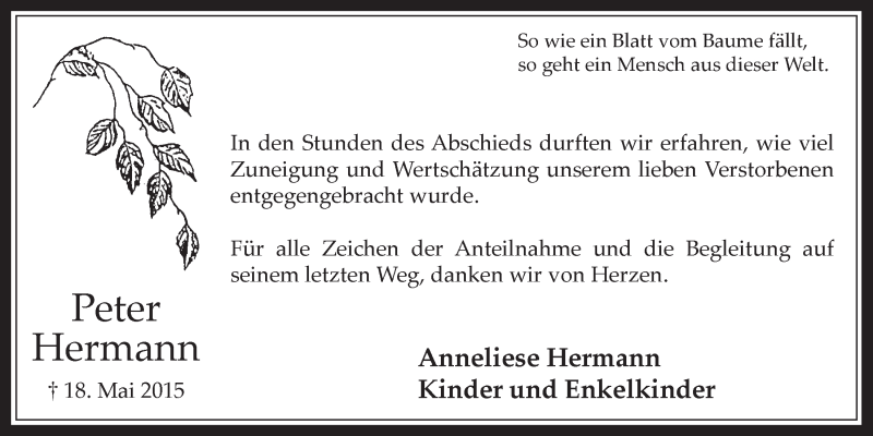  Traueranzeige für Peter Hermann vom 08.07.2015 aus  Schaufenster/Blickpunkt 