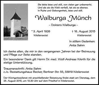 Anzeige von Walburga Münch von Kölner Stadt-Anzeiger / Kölnische Rundschau / Express