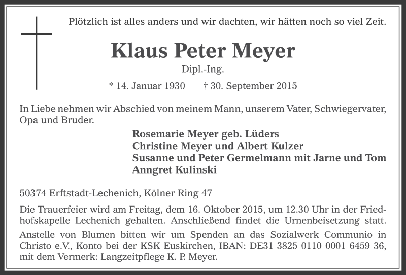 Traueranzeige für Klaus Peter Meyer vom 07.10.2015 aus  Werbepost 