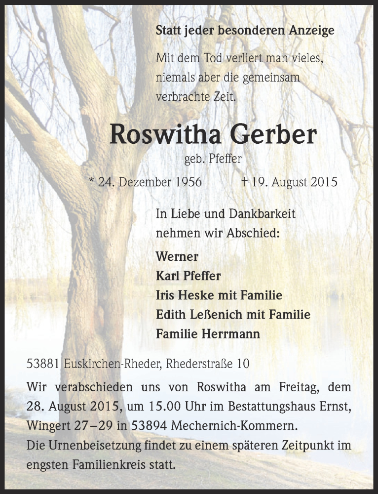  Traueranzeige für Roswitha Gerber vom 23.08.2015 aus  Blickpunkt Euskirchen 
