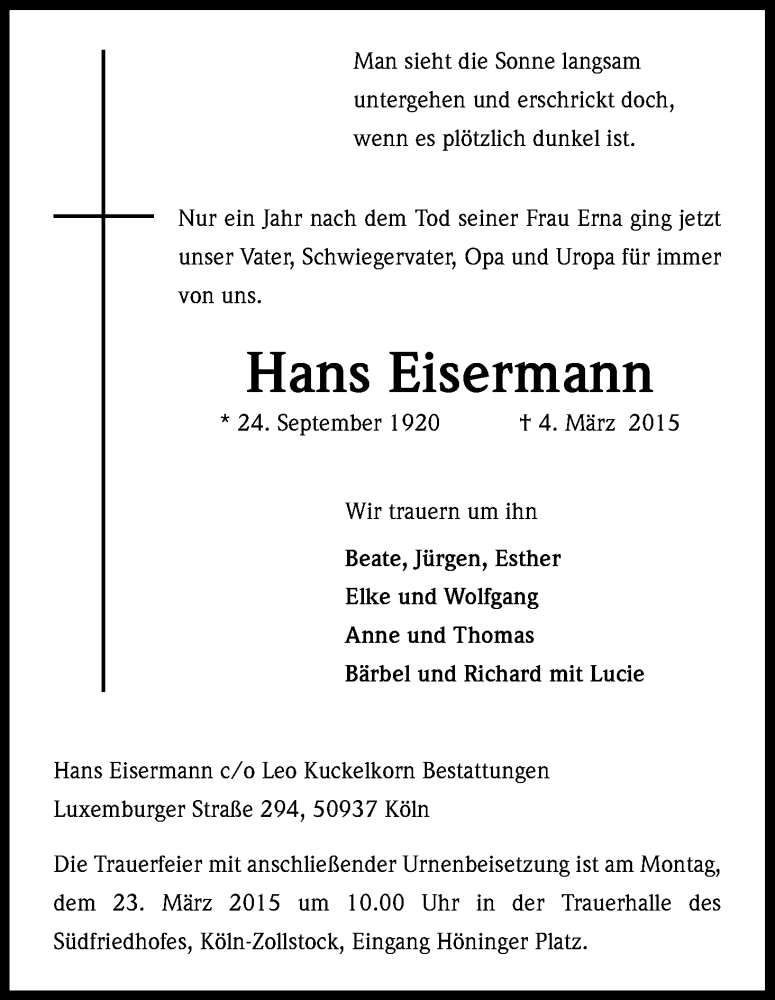  Traueranzeige für Hans Eisermann vom 14.03.2015 aus Kölner Stadt-Anzeiger / Kölnische Rundschau / Express
