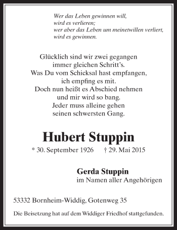 Anzeige von Hubert Stuppin von  Schaufenster/Blickpunkt  Schlossbote/Werbekurier 
