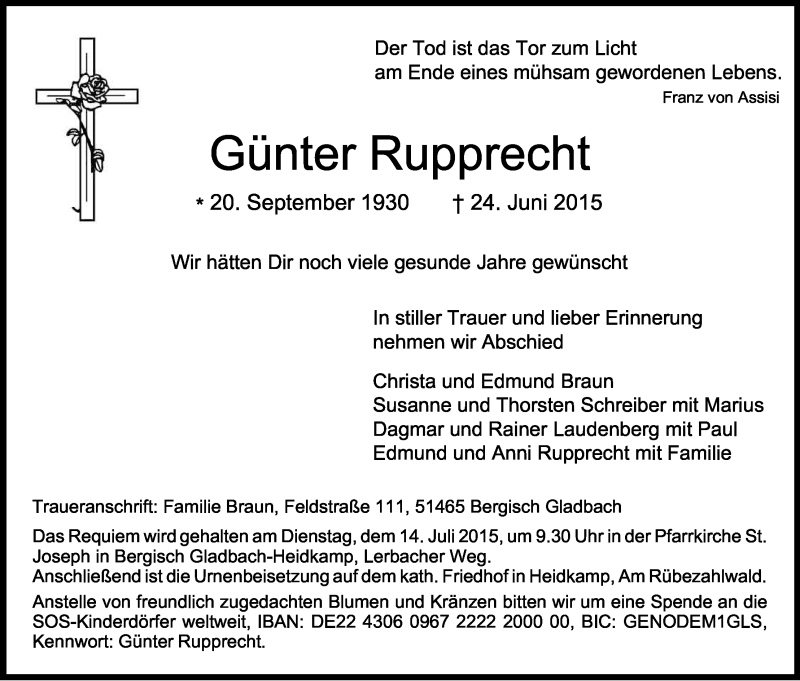  Traueranzeige für Günter Rupprecht vom 09.07.2015 aus Kölner Stadt-Anzeiger / Kölnische Rundschau / Express