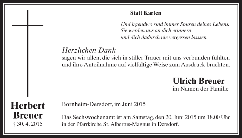  Traueranzeige für Herbert Breuer vom 17.06.2015 aus  Schaufenster/Blickpunkt 