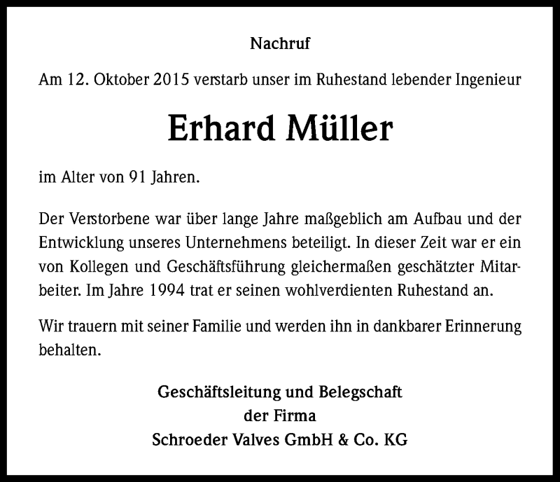  Traueranzeige für Erhard Müller vom 07.11.2015 aus Kölner Stadt-Anzeiger / Kölnische Rundschau / Express
