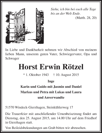 Anzeige von Horst Erwin Rötzel von  Lokalanzeiger 