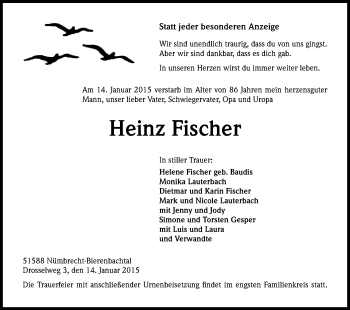 Anzeige von Heinz Fischer von Kölner Stadt-Anzeiger / Kölnische Rundschau / Express