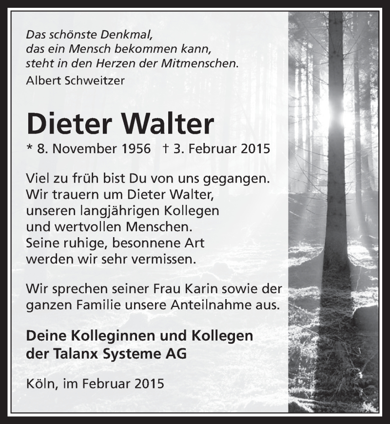  Traueranzeige für Dieter Walter vom 11.02.2015 aus  Werbepost 