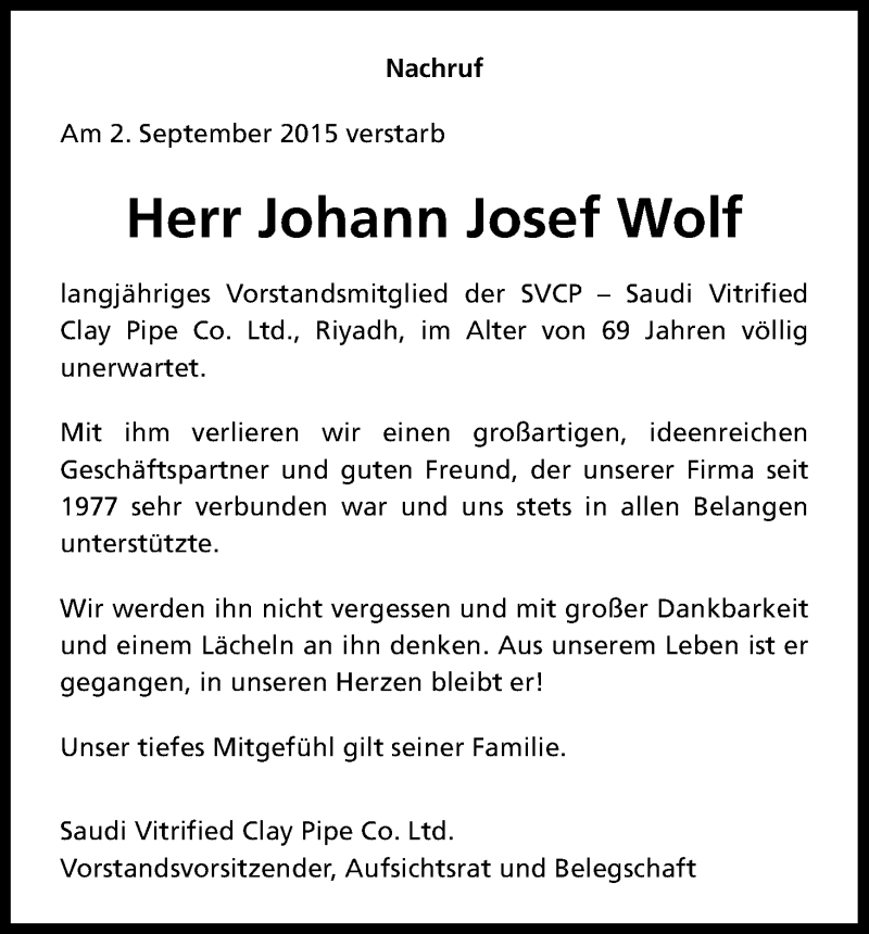  Traueranzeige für Johann Josef Wolf vom 12.09.2015 aus Kölner Stadt-Anzeiger / Kölnische Rundschau / Express
