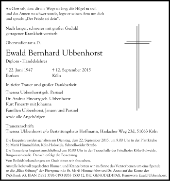 Anzeige von Ewald Bernhard Ubbenhorst von Kölner Stadt-Anzeiger / Kölnische Rundschau / Express