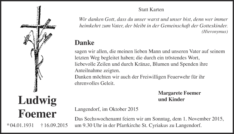  Traueranzeige für Ludwig Foemer vom 25.10.2015 aus  Blickpunkt Euskirchen 