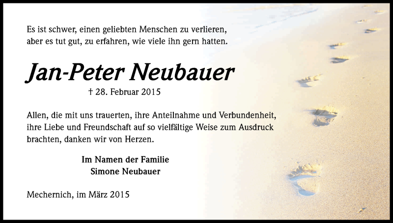  Traueranzeige für Jan-Peter Neubauer vom 28.03.2015 aus Kölner Stadt-Anzeiger / Kölnische Rundschau / Express