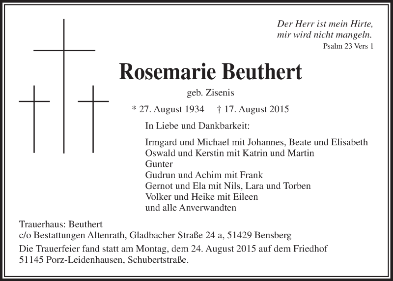  Traueranzeige für Rosemarie Beuthert vom 26.08.2015 aus  Kölner Wochenspiegel 