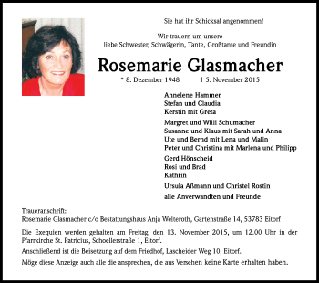 Anzeige von Rosemarie Glasmacher von Kölner Stadt-Anzeiger / Kölnische Rundschau / Express