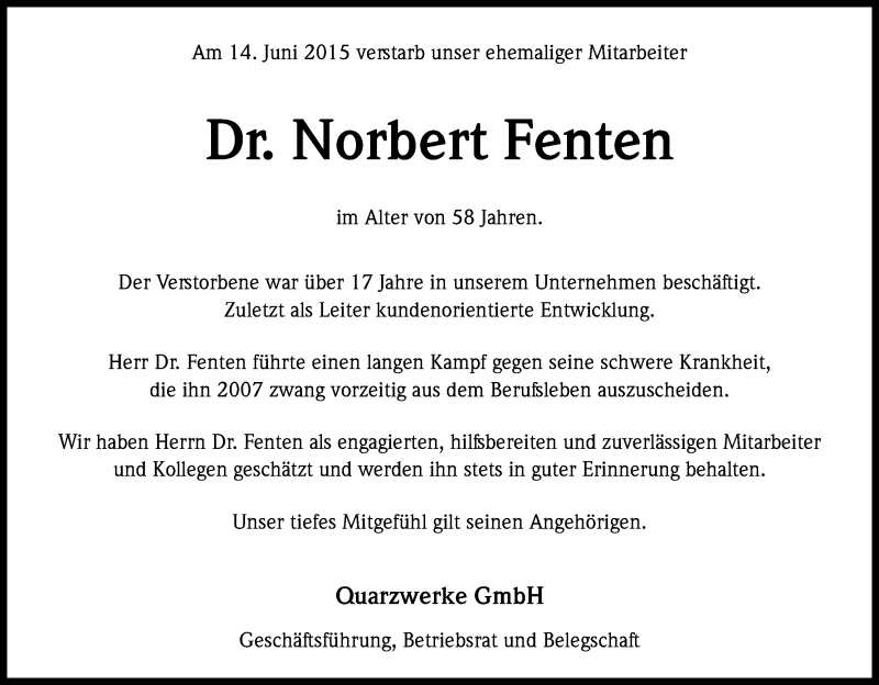  Traueranzeige für Norbert Fenten vom 27.06.2015 aus Kölner Stadt-Anzeiger / Kölnische Rundschau / Express