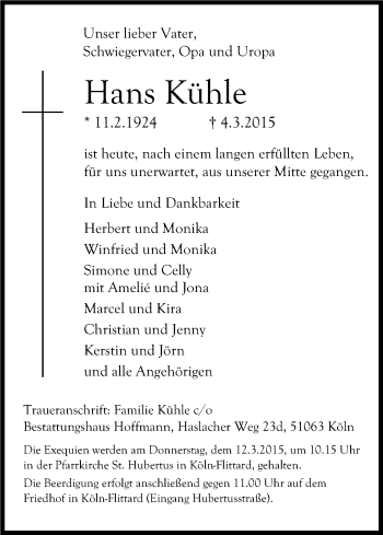 Anzeige von Hans Kühle von Kölner Stadt-Anzeiger / Kölnische Rundschau / Express