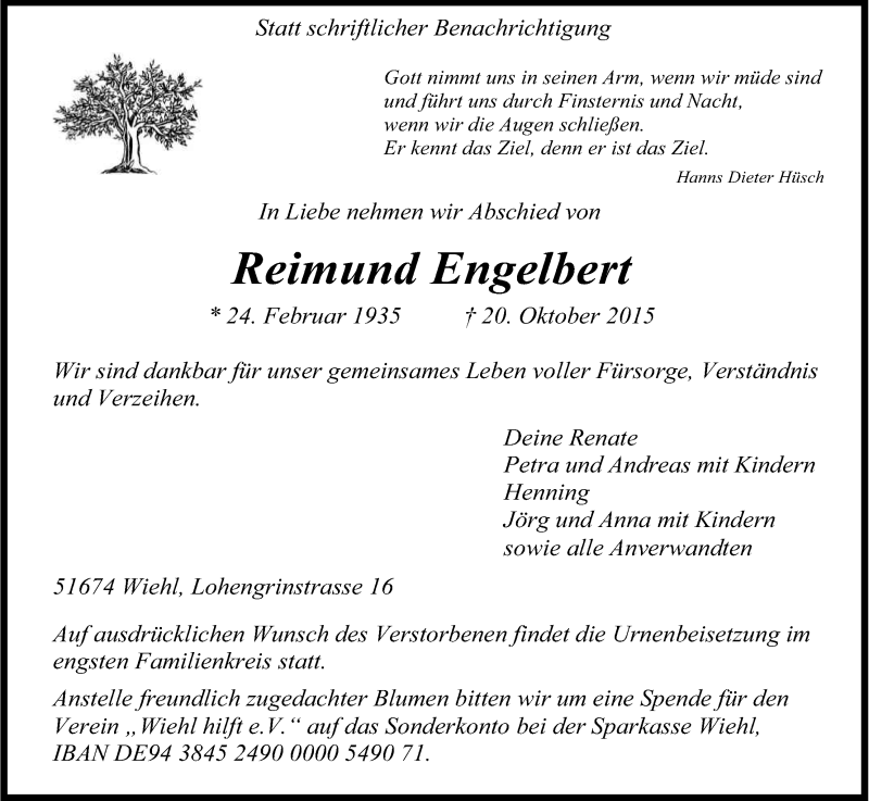  Traueranzeige für Reimund Engelbert vom 24.10.2015 aus Kölner Stadt-Anzeiger / Kölnische Rundschau / Express
