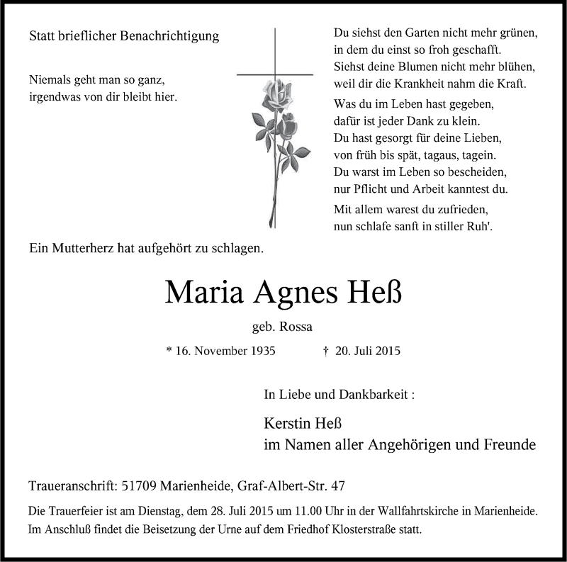  Traueranzeige für Maria Agnes Heß vom 23.07.2015 aus Kölner Stadt-Anzeiger / Kölnische Rundschau / Express