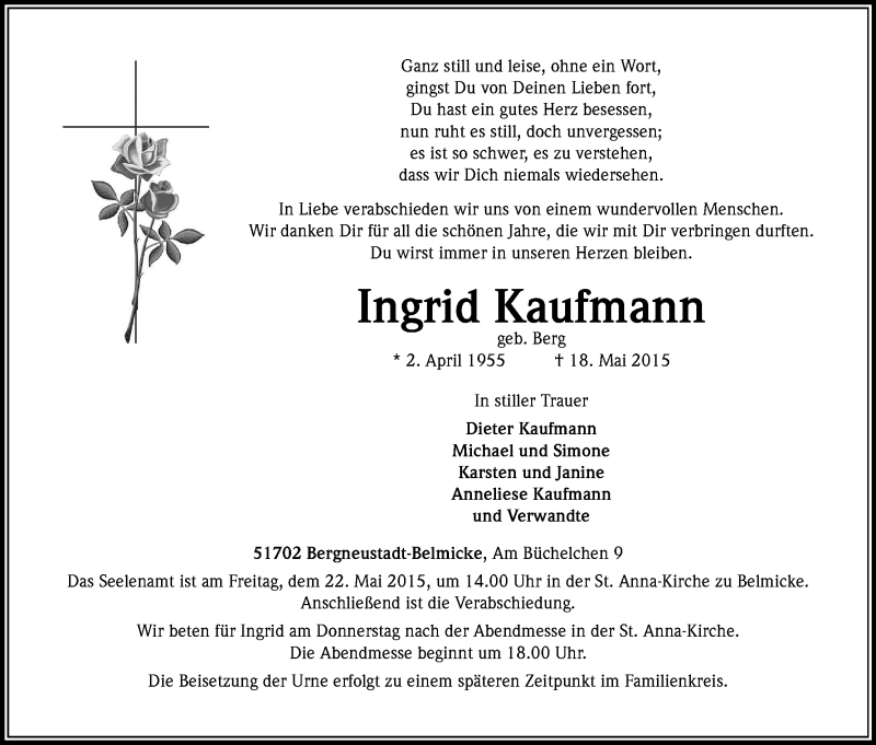 Traueranzeige für Ingrid Kaufmann vom 20.05.2015 aus Kölner Stadt-Anzeiger / Kölnische Rundschau / Express